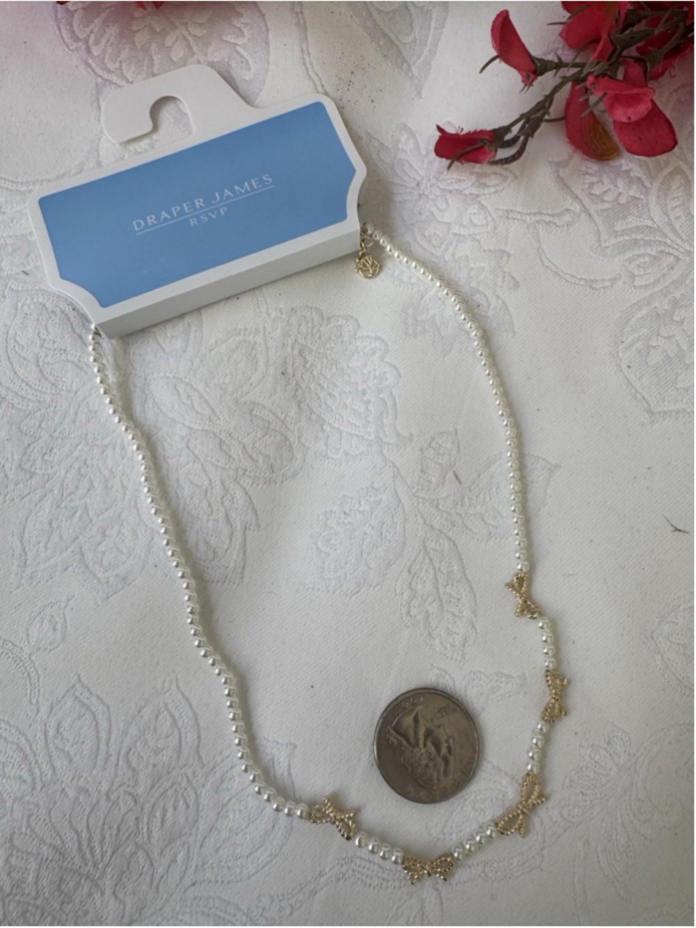 Draper James Goldtone Tiny Pearls Bows 16" Necklace Preppy Old Money Dainty NEW